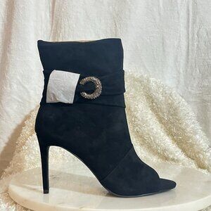 Vince Camuto Black Stiletto Open Toe Ankle Boots Crystal Crescent Moon Slouchy